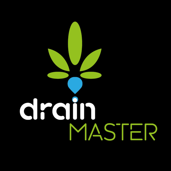 DrainMaster logo with a stylized green plant symbol and a blue drop of water in the center, next to it the name 'DrainMaster' in white and green.
