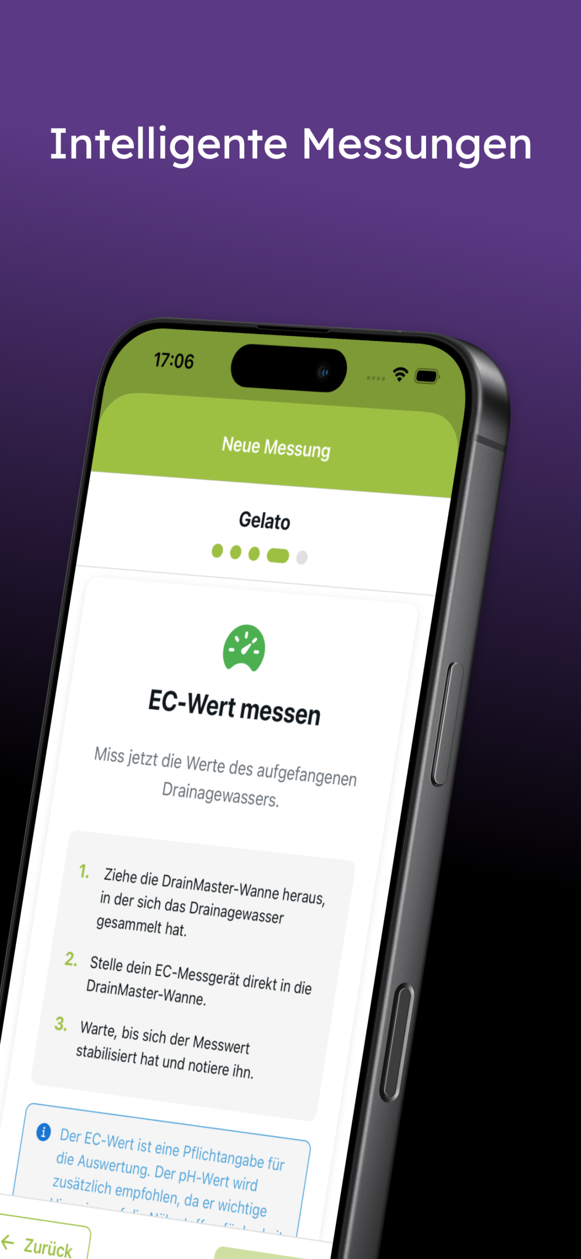 Mesurer avec système ⚙️ Mesures EC et pH guidées – étape par étape. Plus besoin de deviner&nbsp;: l’application te guide avec précision à travers chaque mesure et montre ce qui compte vraiment.