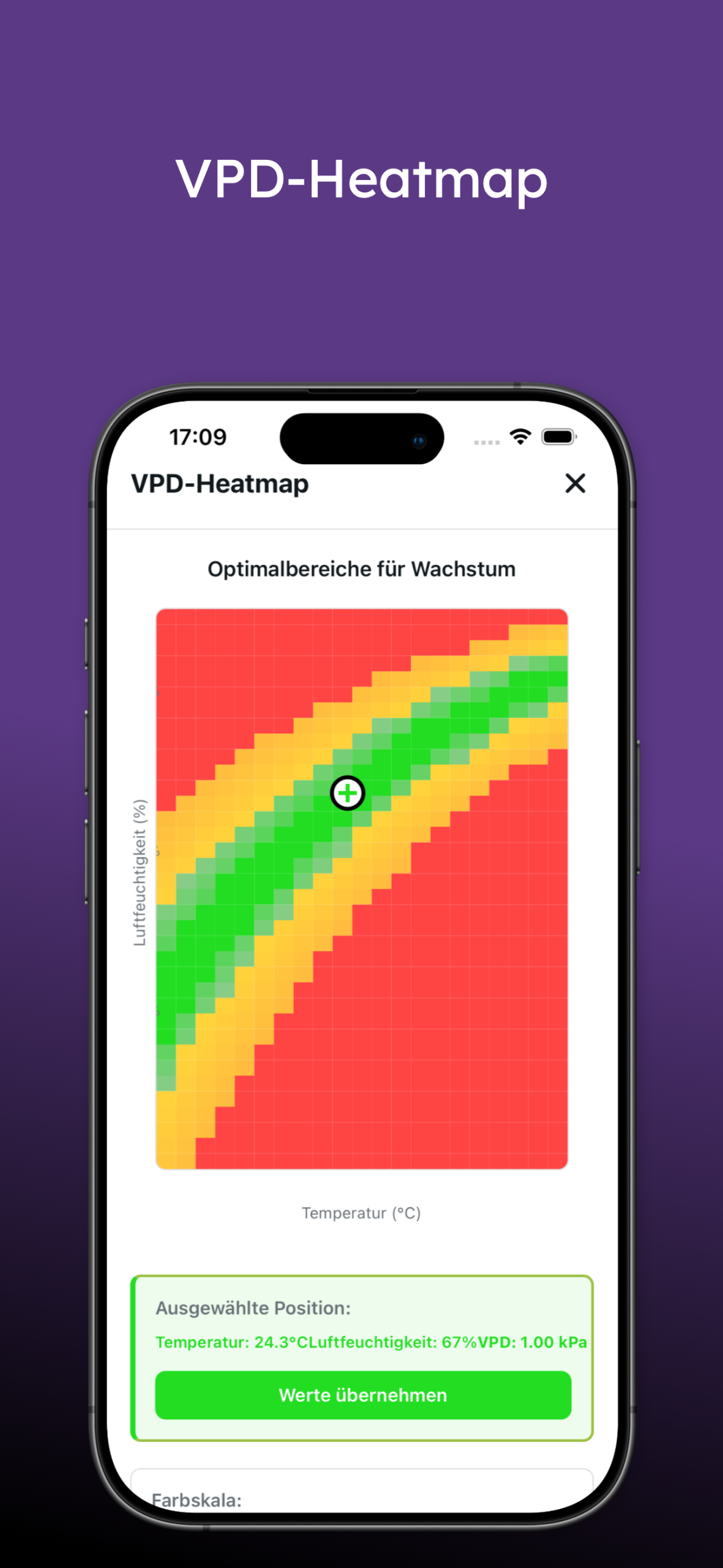 Trouver les conditions parfaites ☀️💨 Heatmap VPD interactive pour optimiser la température et l’humidité de l’air. Trouve le point idéal pour une croissance maximale – visuellement et précisément.