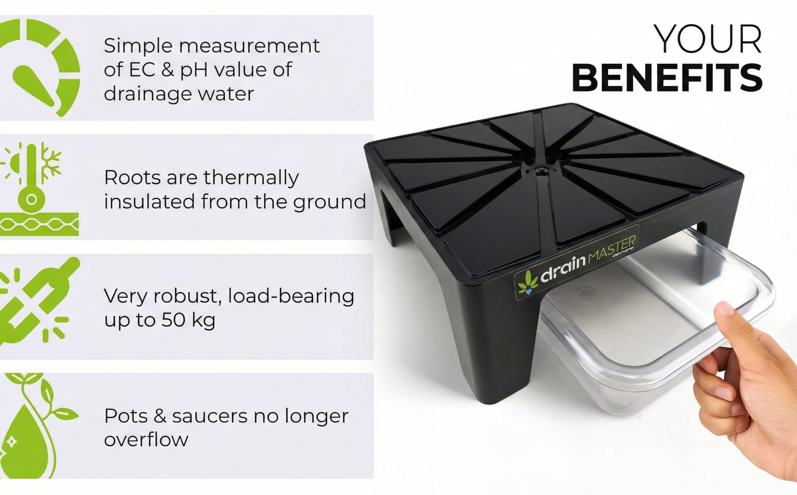 Easy measurement of the EC & pH value of the drainage water Roots are thermally insulated towards the bottom Very robust, can carry up to 50 kg Pots & saucers no longer fill up