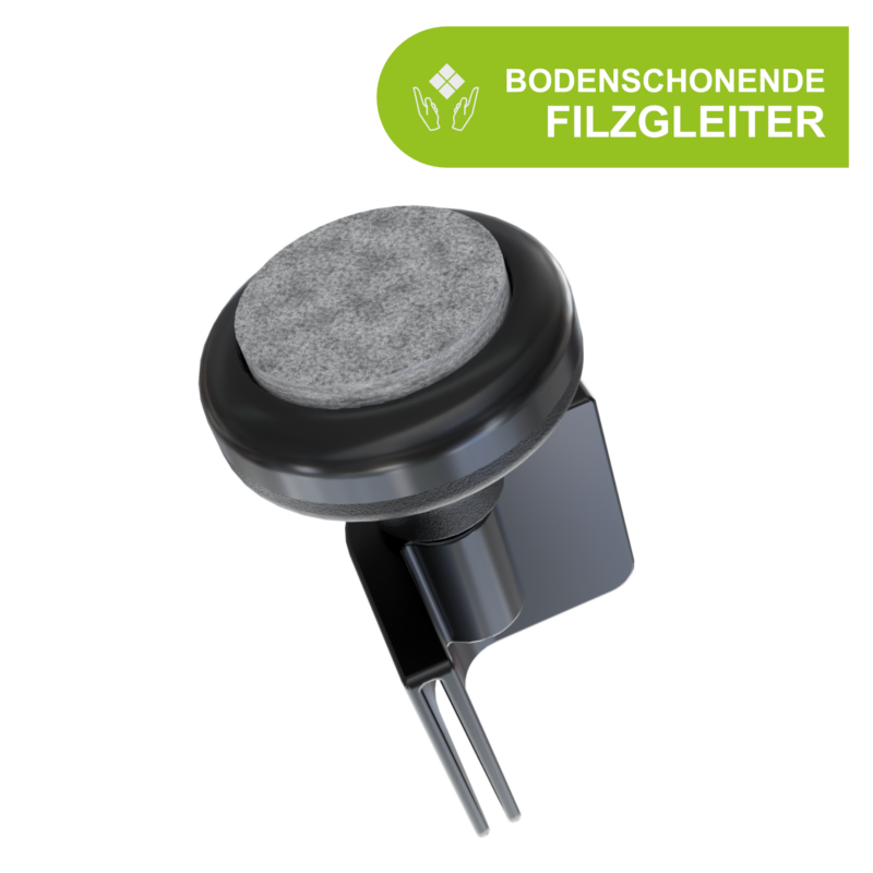 DrainMaster Filzgleiter von unten mit sichtbarem Filzpolster und Adapter-Steckverbindung. Bodenschonende Premium-Filzgleiter.