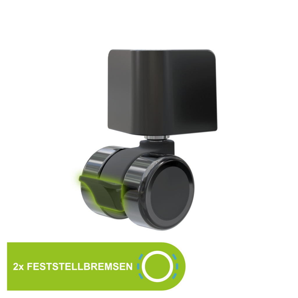 DrainMaster Rolle mit integrierter Feststellbremse in Nahaufnahme. 2x Feststellbremsen im Set enthalten.