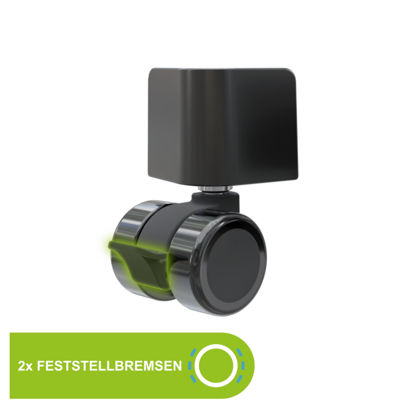 DrainMaster Rolle mit integrierter Feststellbremse in Nahaufnahme. 2x Feststellbremsen im Set enthalten.
