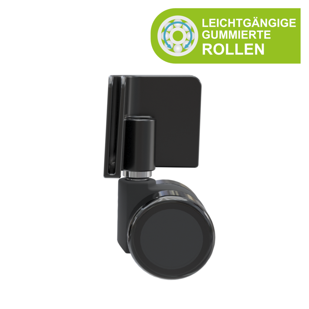 DrainMaster Rolle seitliche Ansicht mit Adapter. Leichtgängige gummierte Doppelrolle, Made in Germany.