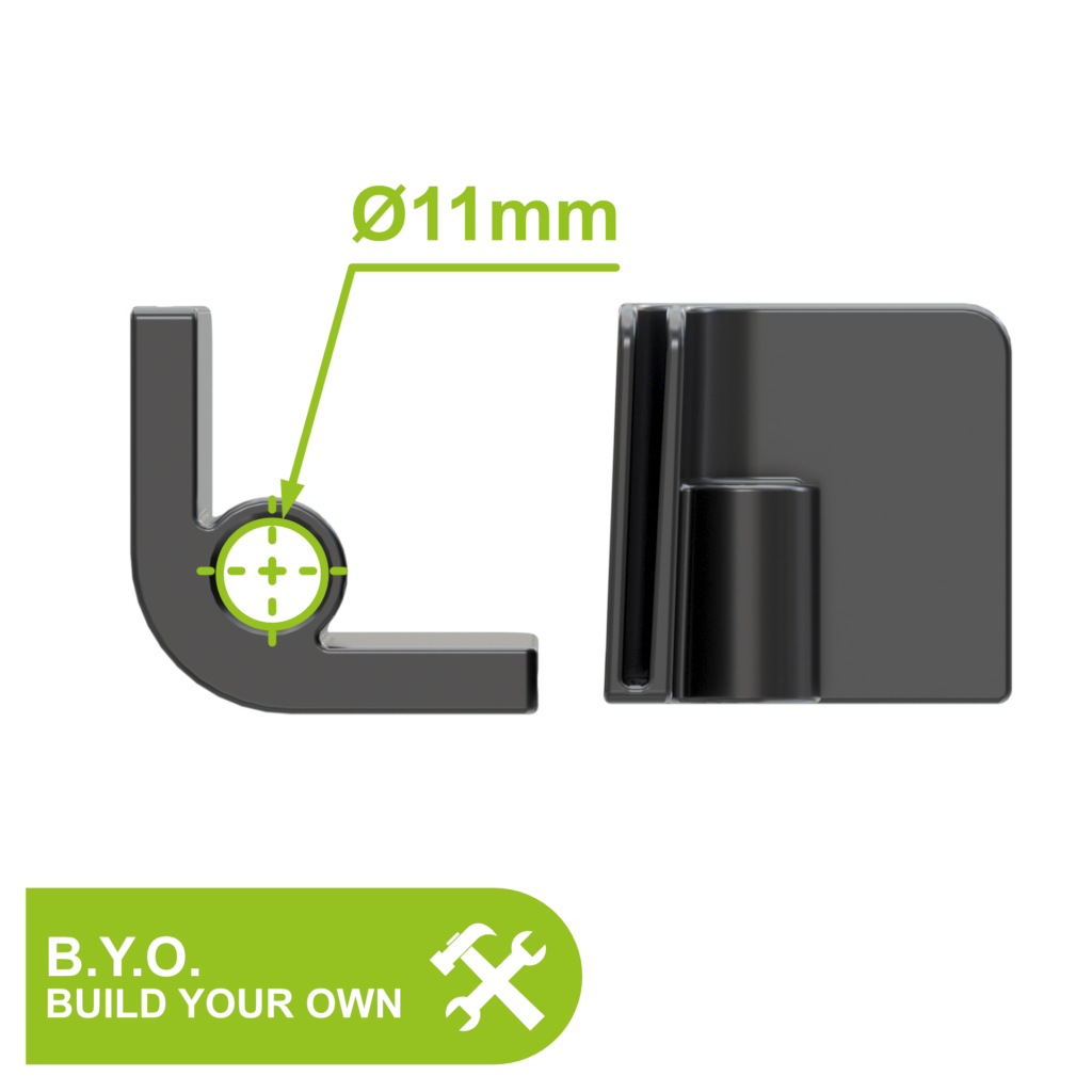 DrainMaster Adapter Querschnitt mit 11 mm Bohrung. Universalaufnahme für Rollen, Gleiter und eigene Aufsätze. B.Y.O. Build Your Own.