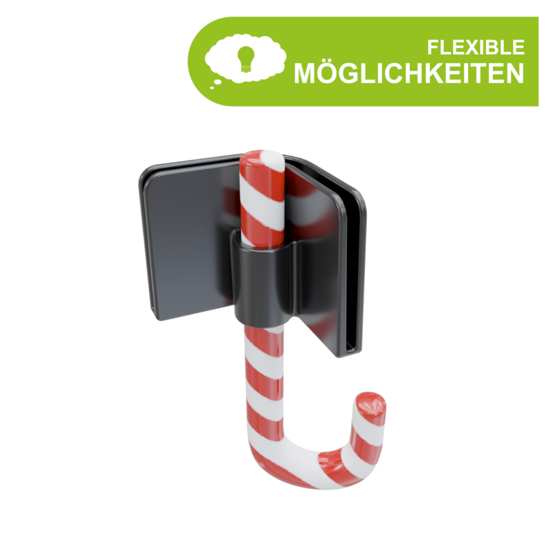 DrainMaster Adapter mit eingestecktem Haken als Anwendungsbeispiel. Flexible Möglichkeiten durch 11 mm Universalaufnahme.
