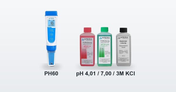 Apera PH60 pH-Messgerät neben den Kalibrierlösungen pH 4,01, pH 7,00 und 3M KCl