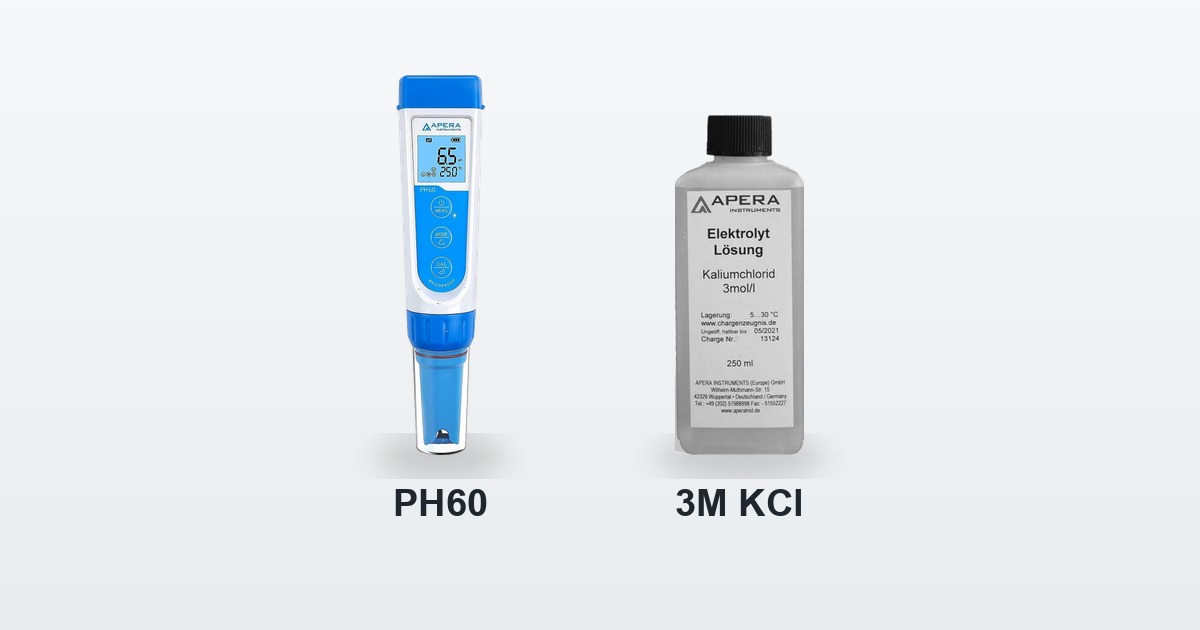 Apera PH60 mit Schutzkappe neben der 3M KCl Aufbewahrungslösung