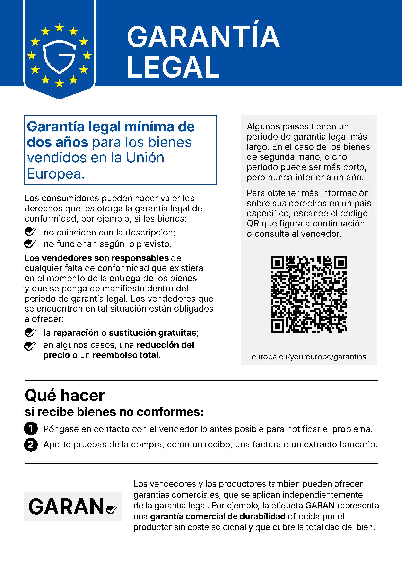 Legal Guarantee Label: Goods sold in the European Union are covered by a legal guarantee of at least two years. If goods do not match their description or do not function as intended, contact the seller and provide proof of purchase. The seller must provide a free repair or replacement or, in certain cases, a price reduction or full refund.