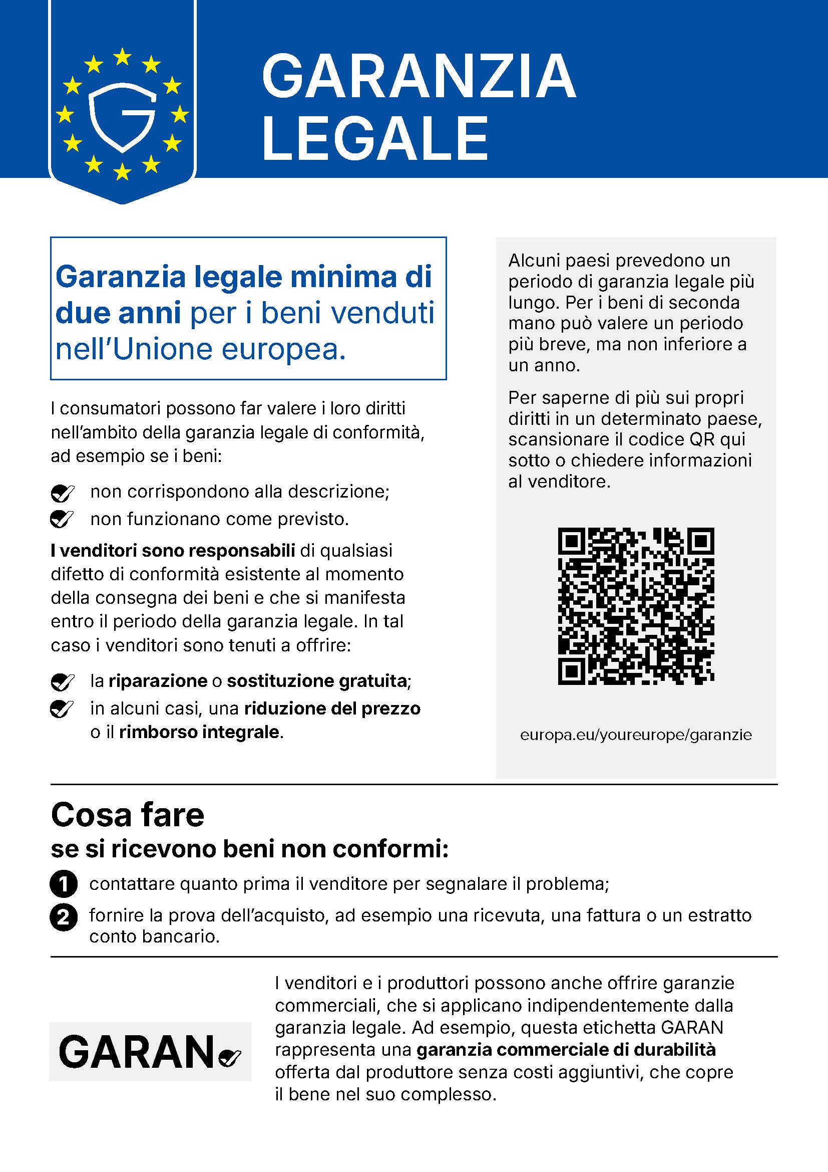 Legal Guarantee Label: Goods sold in the European Union are covered by a legal guarantee of at least two years. If goods do not match their description or do not function as intended, contact the seller and provide proof of purchase. The seller must provide a free repair or replacement or, in certain cases, a price reduction or full refund.