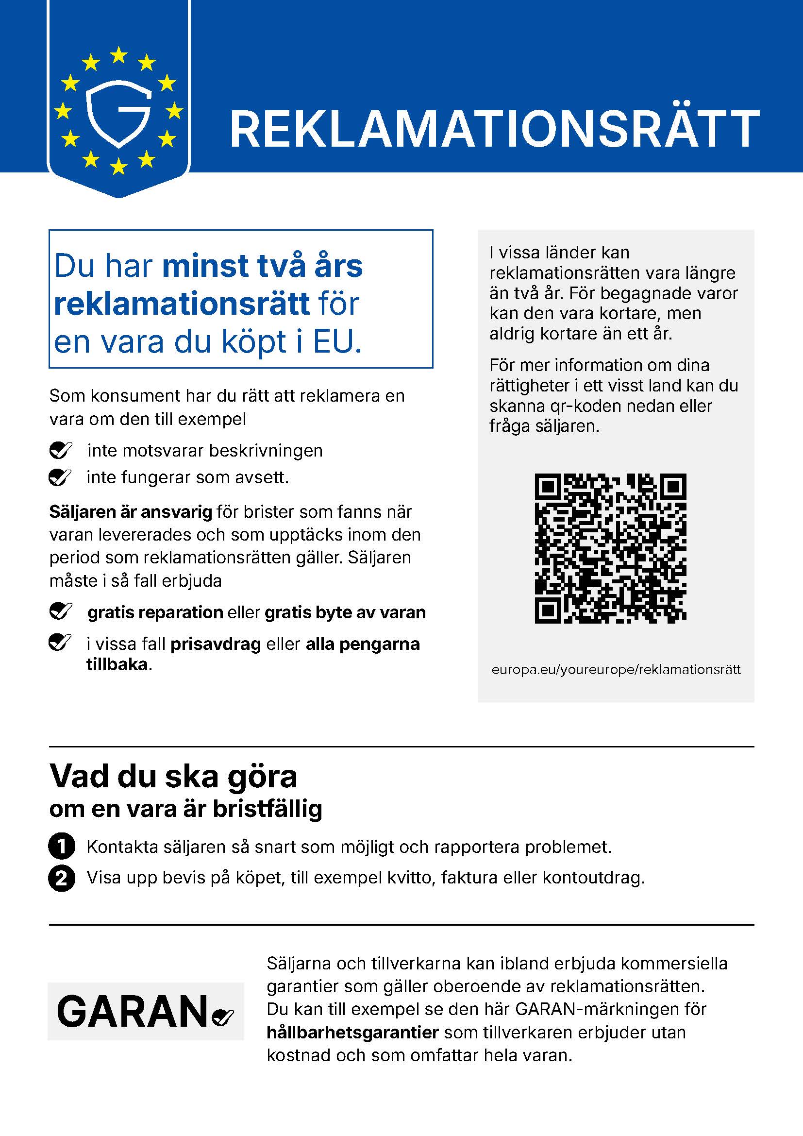 Legal Guarantee Label: Goods sold in the European Union are covered by a legal guarantee of at least two years. If goods do not match their description or do not function as intended, contact the seller and provide proof of purchase. The seller must provide a free repair or replacement or, in certain cases, a price reduction or full refund.