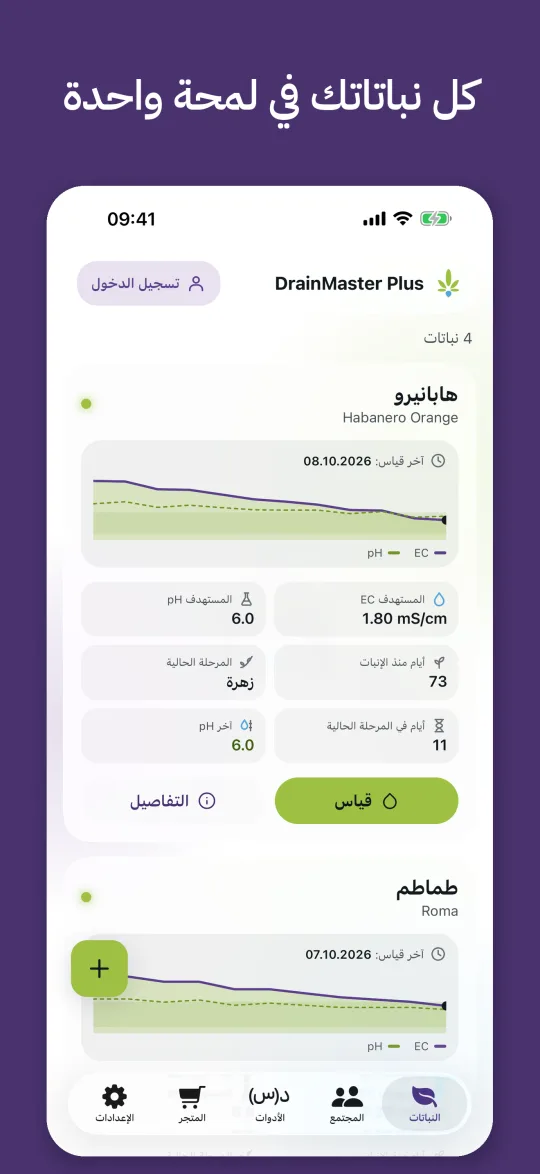 الصفحة الرئيسية لـ DrainMaster Plus مع بطاقات النباتات وسجل EC وEC المستهدف وpH المستهدف والمرحلة الحالية