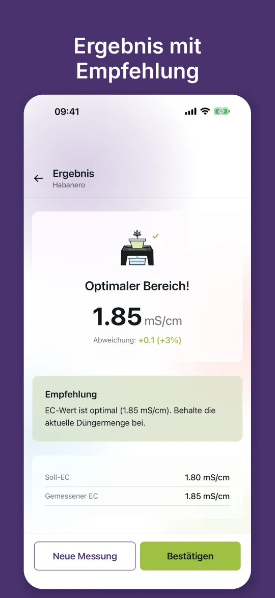 Ergebnis einer Messung: EC 1,85 mS/cm im optimalen Bereich mit Empfehlung zur Düngermenge