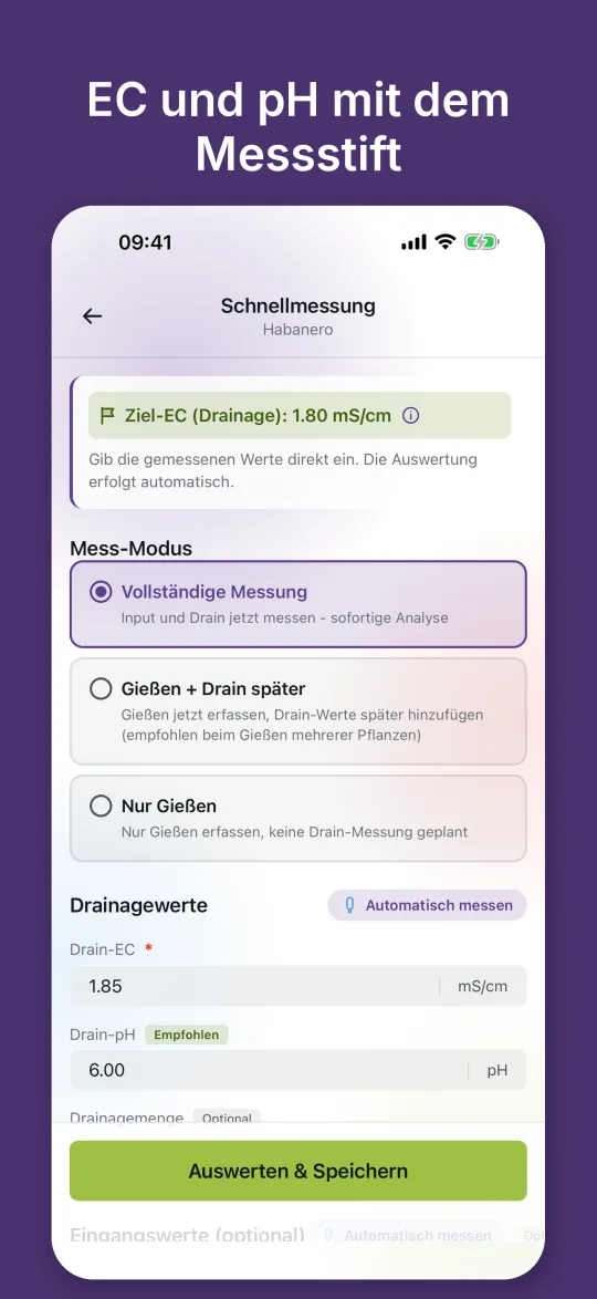 Schnellmessung mit Ziel-EC und Feldern für Drain-EC und Drain-pH, die ein Bluetooth-Messgerät automatisch füllt
