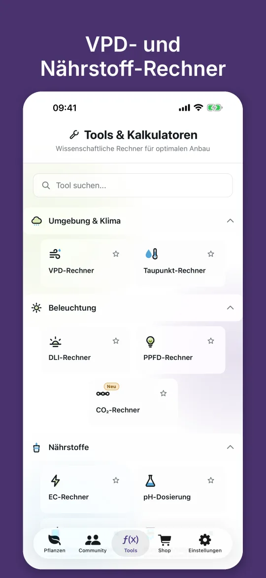 Übersicht der Rechner für VPD, Taupunkt, DLI, PPFD, CO2, EC und pH-Dosierung
