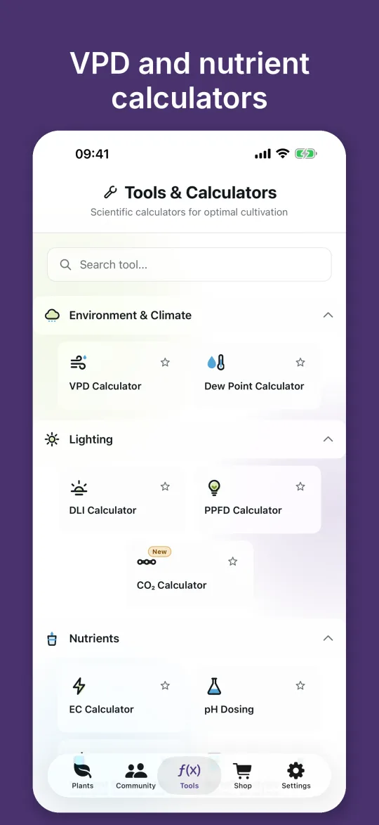Overview of the calculators for VPD, dew point, DLI, PPFD, CO2, EC and pH dosing