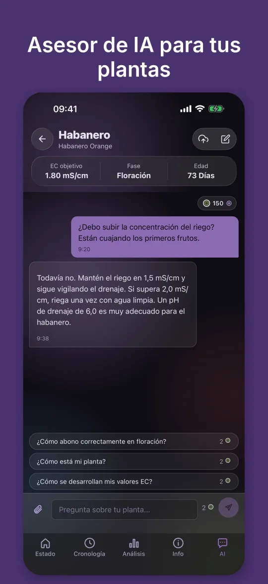 El asesor de IA responde una pregunta sobre la solución nutritiva y tiene en cuenta la EC y el pH del drenaje de la planta