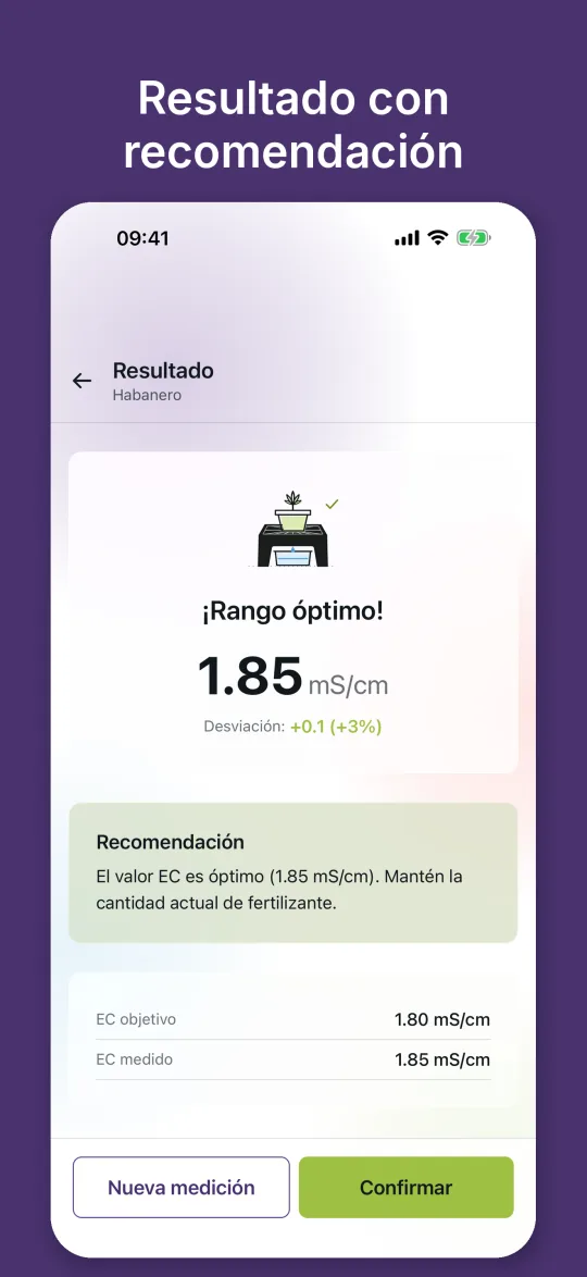 Resultado de una medición: EC de 1,85 mS/cm en el rango óptimo con recomendación sobre la cantidad de abono