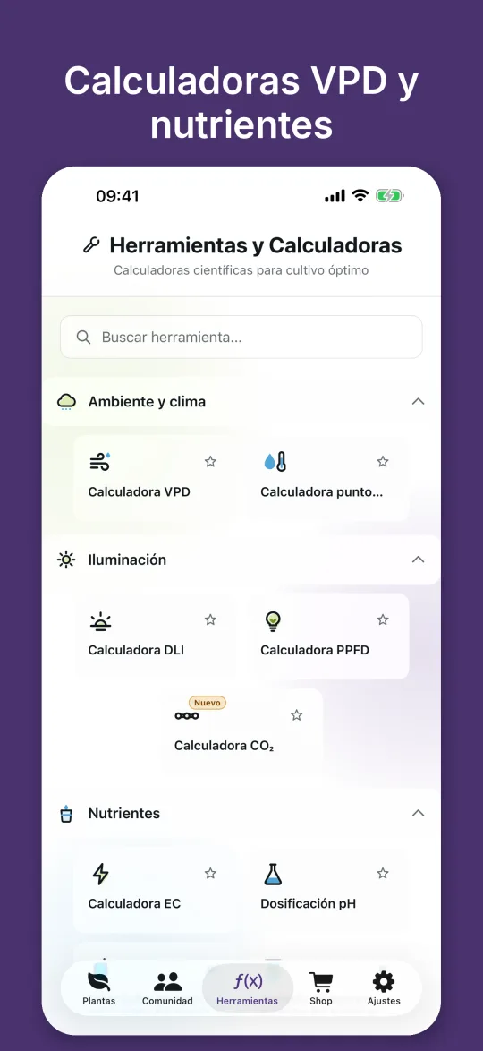 Resumen de las calculadoras de VPD, punto de rocío, DLI, PPFD, CO2, EC y dosificación de pH