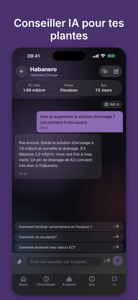 Le conseiller IA répond à une question sur la solution nutritive en tenant compte de l’EC et du pH du drainage de la plante
