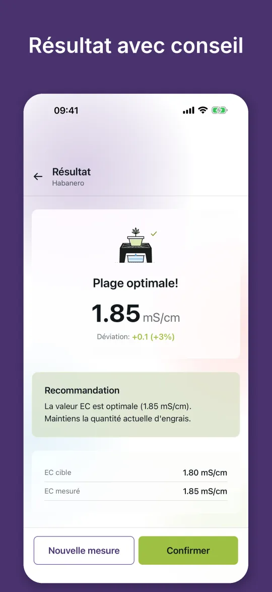 Résultat d’une mesure : EC de 1,85 mS/cm dans la plage optimale avec une recommandation sur la dose d’engrais