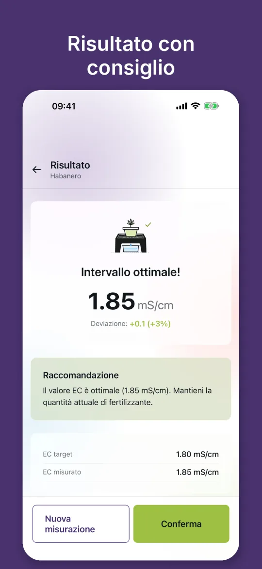 Risultato di una misurazione: EC 1,85 mS/cm nell’intervallo ottimale con consiglio sulla quantità di concime