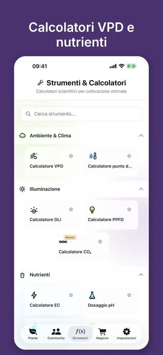 Panoramica dei calcolatori per VPD, punto di rugiada, DLI, PPFD, CO2, EC e dosaggio del pH