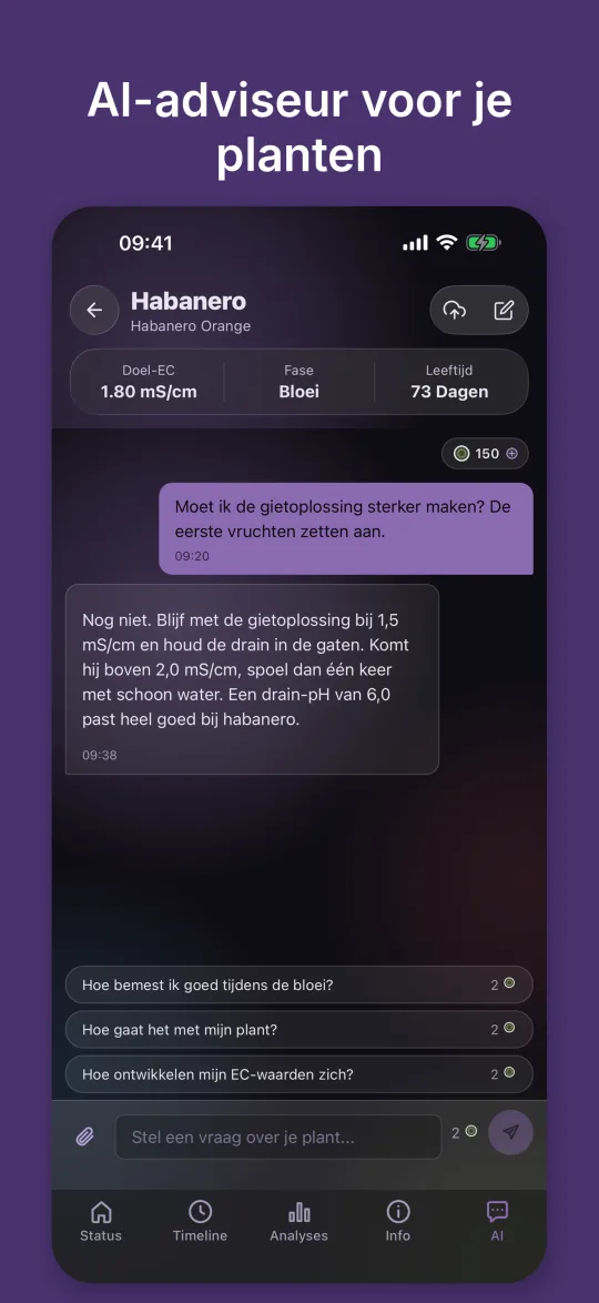 De AI-adviseur beantwoordt een vraag over de voedingsoplossing en houdt rekening met drain-EC en drain-pH van de plant