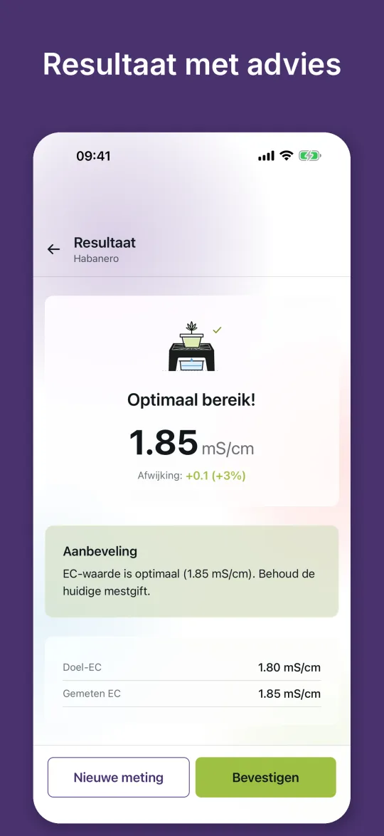 Resultaat van een meting: EC 1,85 mS/cm in het optimale bereik met een aanbeveling voor de hoeveelheid voeding