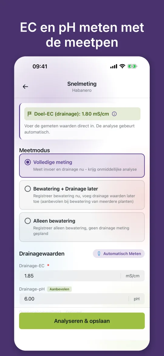 Snelle meting met doel-EC en velden voor drain-EC en drain-pH, die een Bluetooth-meter automatisch invult