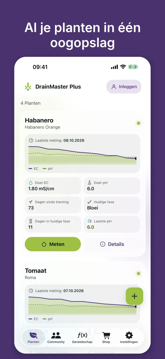 Startscherm van DrainMaster Plus met plantkaarten, EC-verloop, doel-EC, doel-pH en huidige fase