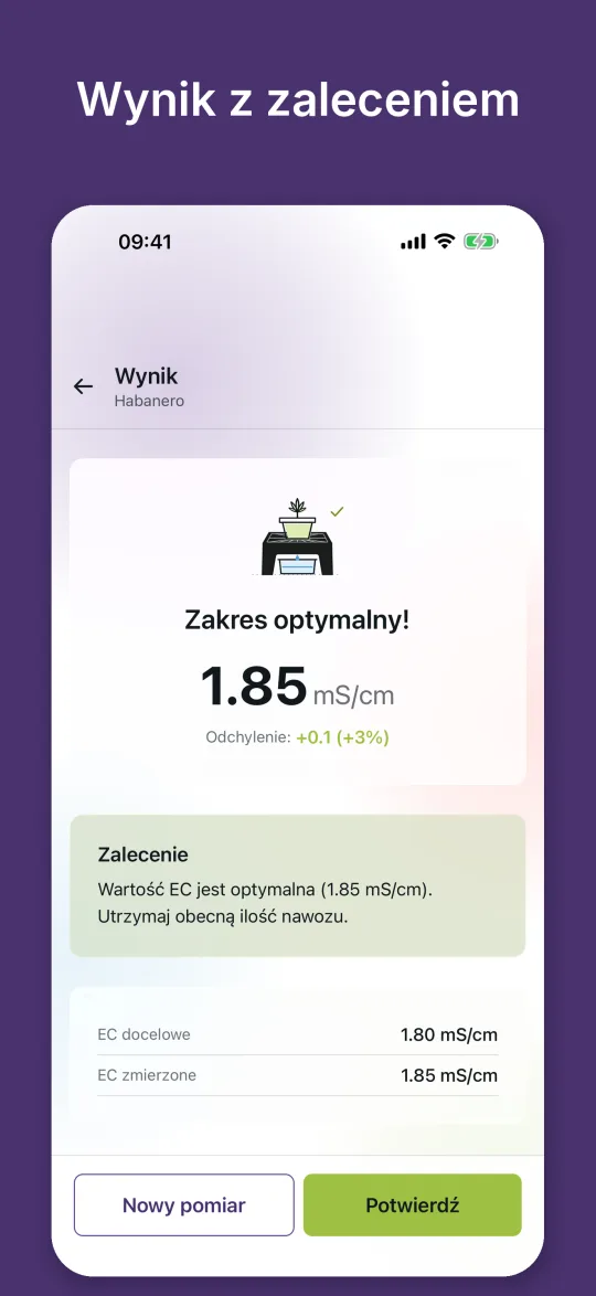 Wynik pomiaru: EC 1,85 mS/cm w optymalnym zakresie z zaleceniem dotyczącym dawki nawozu