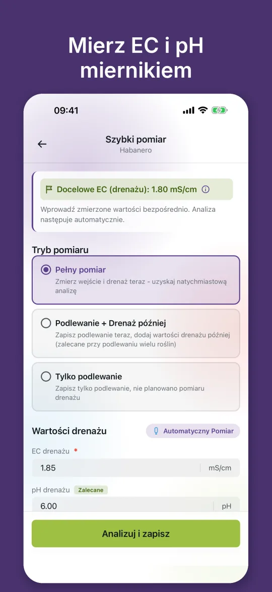 Szybki pomiar z docelowym EC i polami na EC i pH odcieku, które miernik Bluetooth wypełnia automatycznie
