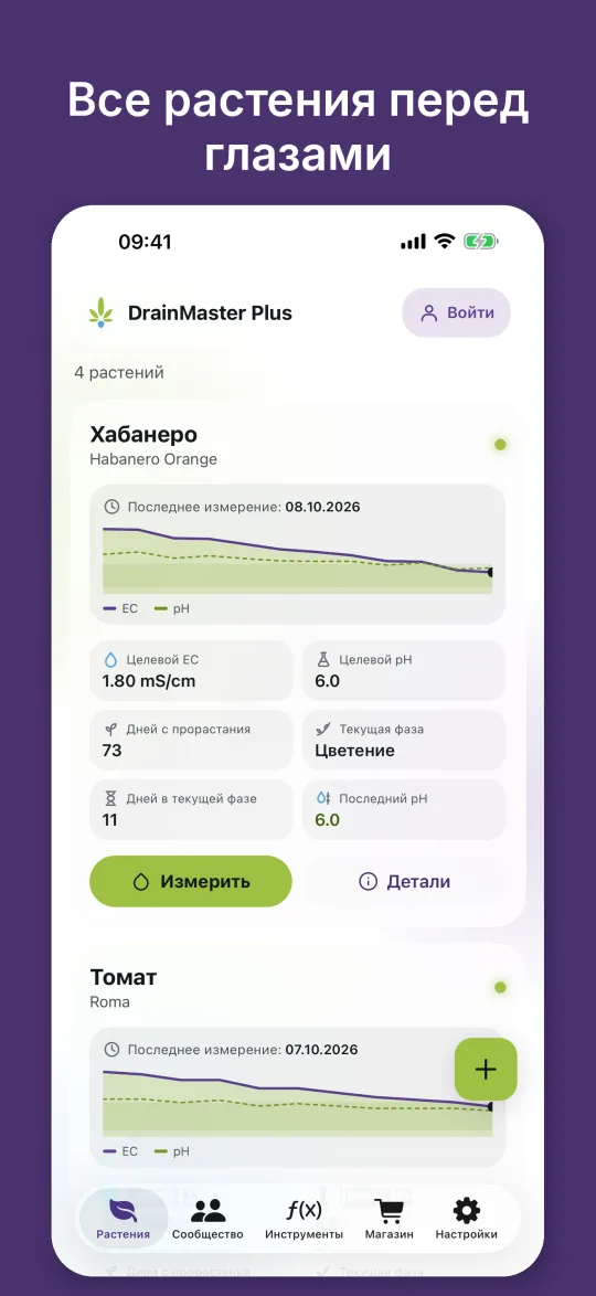Главный экран DrainMaster Plus с карточками растений, историей EC, целевым EC, целевым pH и текущей фазой