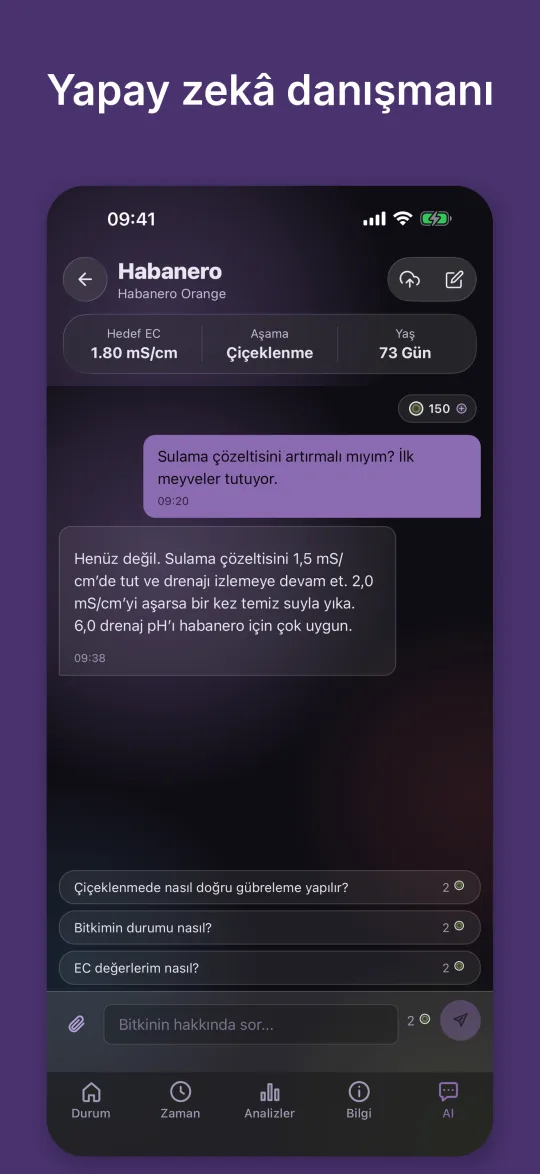 Yapay zeka danışmanı besin çözeltisiyle ilgili bir soruyu yanıtlıyor ve bitkinin drenaj EC ile drenaj pH değerlerini dikkate alıyor
